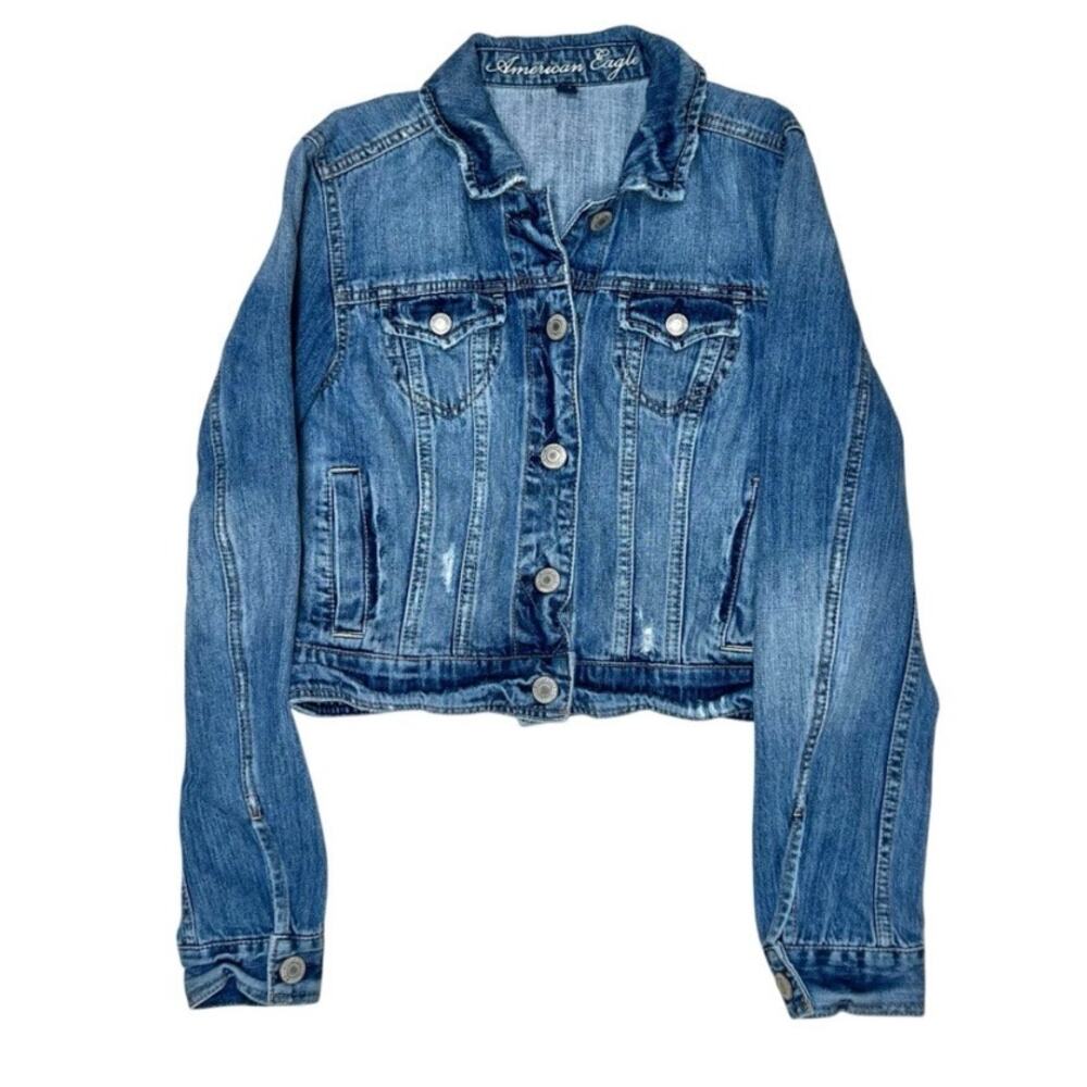 American Eagle Distressed Jean Jacket Cropped Jr Size M